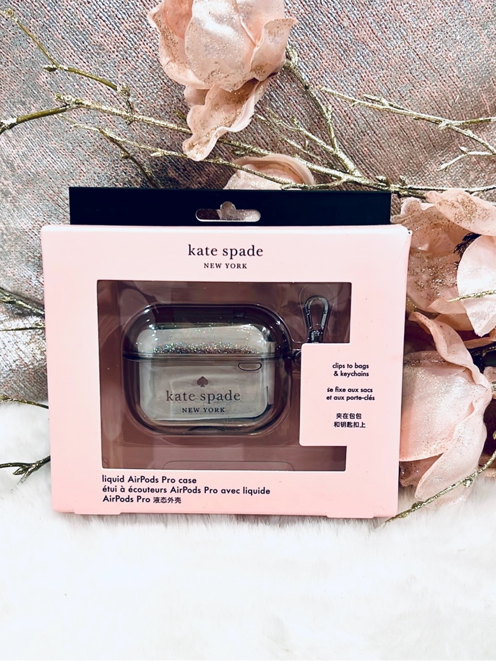 Kate Spade AirPod Pro case Glitter Liquid clips to bags and keychains NIB